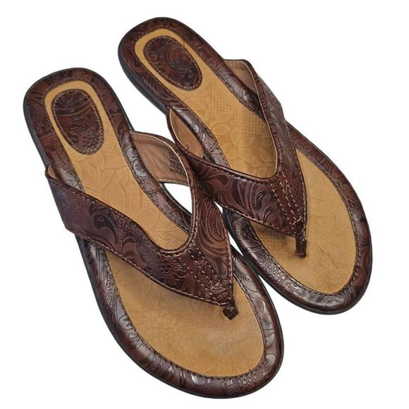 BOC Women's Size 11 Leather Sandals Flip Flops Thongs Brown Island Floral Brown - Picture 6 of 8